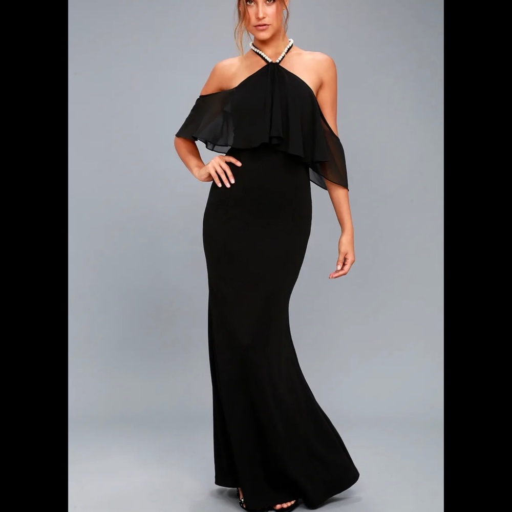 Lulus Black Pearl Off-the-Shoulder Maxi Dress